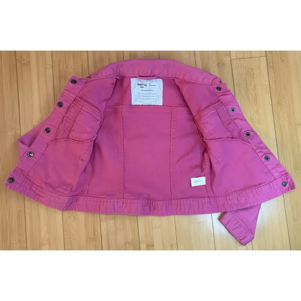 Gap Kids Girl's Pink Denim Jacket, Long Sleeves Snap Buttons Pockets Sz 5 Cute!